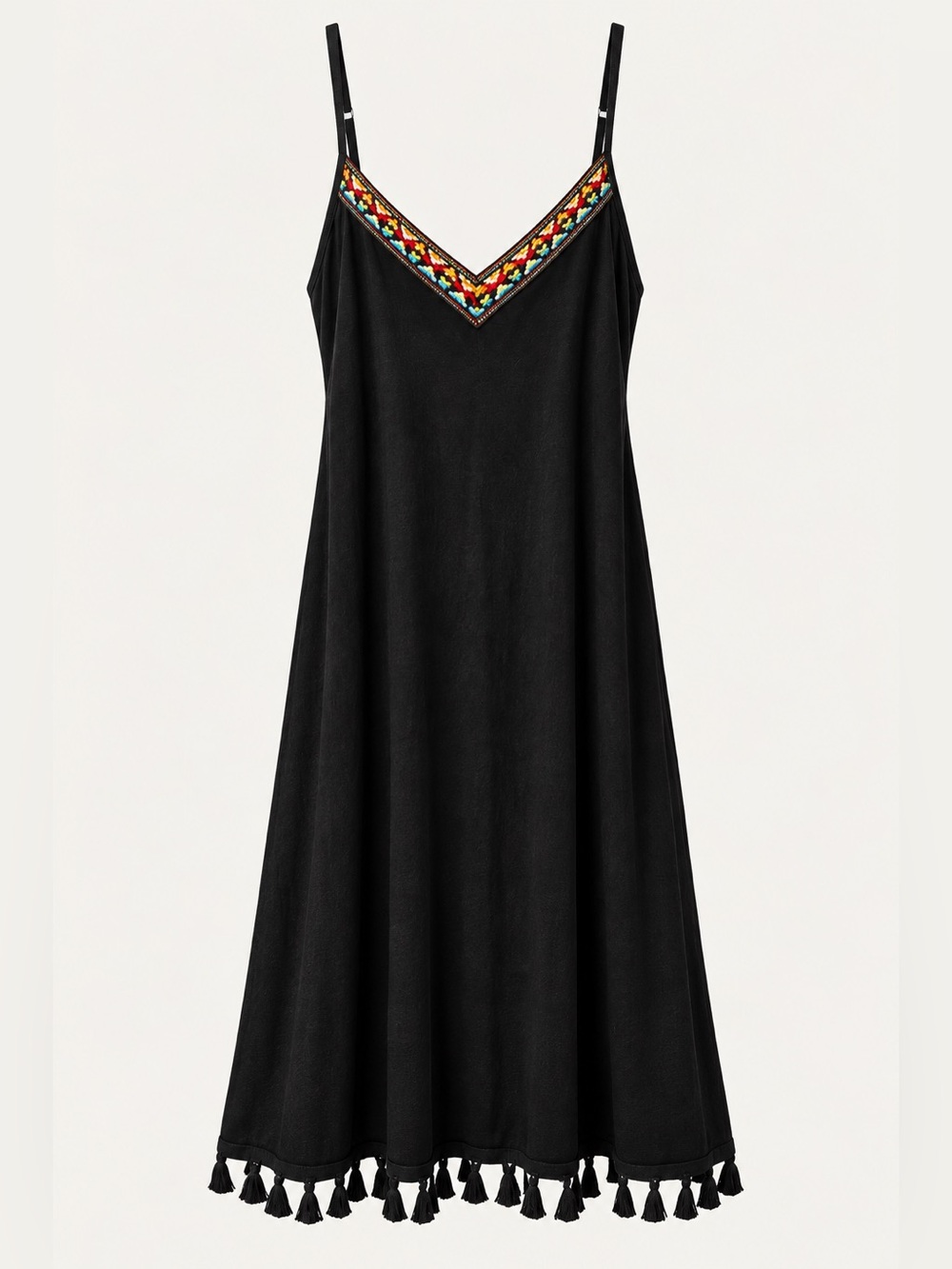 Black Midi Slip Dress with Multicolor Embroidered V-Neck and Tassel Hem